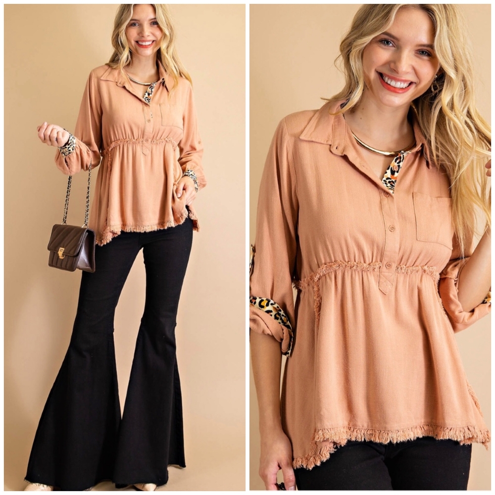 KORI AMERICA Boho Chic Desert Peach Leopard Trim Top